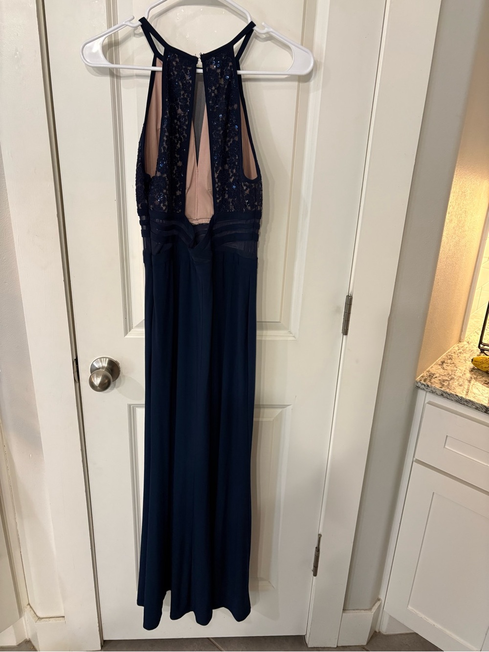 Morgan & Co. Navy Lace Halter Maxi Dress with Keyhole - Picture 3 of 5